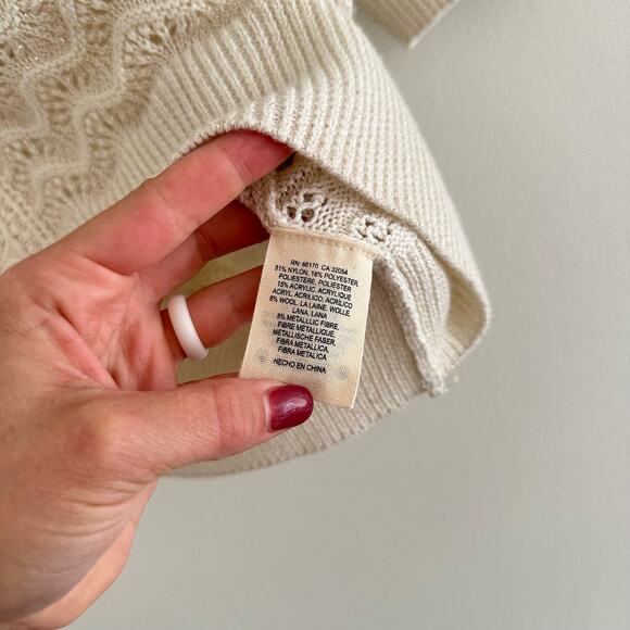 Anthropologie Kachel Shimmer Crochet Sweater Tee Cream M - Picture 10 of 11